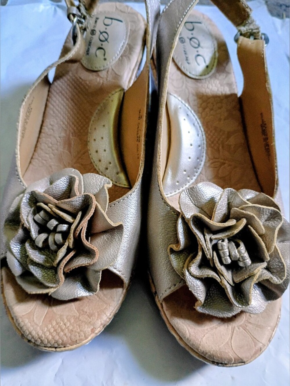 b.o.c. Metallic Gold Floral Peep-Toe Slingback Wedges